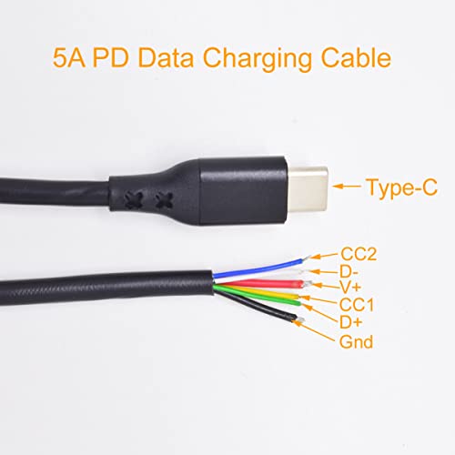 Elnone USB C Pigtail Cable, Type-C 4FT 1.2METER 5A 20AWG 6 Основни податоци за напојување со моќност, CC1 CC2 кабел DIY црна
