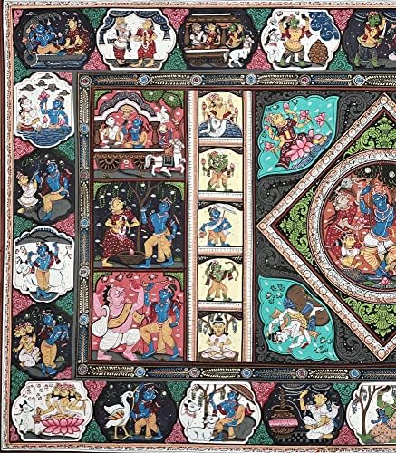 Егзотична Индија 37 x 23 Lifeивотни настани на лордот Кришна Патахитра слики | Традиционални бои | Рачно изработено | Кришна