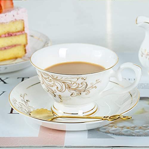 Daveinmic керамичка коска чаша чај и чинија со чинија од една, кафе сет со злато, вклучете една златна метална лажица во боја, порцеланска