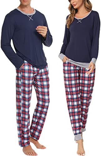 SWOMOG мажи и жени што одговараат на пижами сетови за парови со долга ракав за спиење мека салон поставена карирана лента со панталони со
