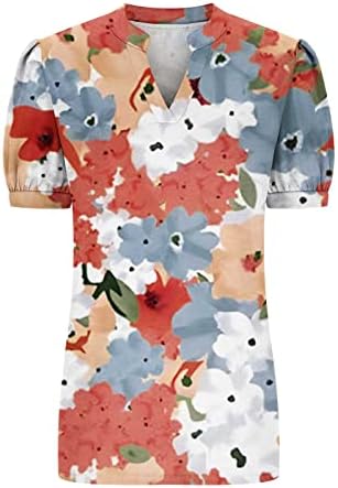 Женски цветни печатени врвови летни маички со маички со врат од маица со меурчиња, лабава кратка ракав Туника врв