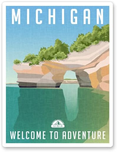 Стил на плакатот за патувања во Мичиген - Винил налепница за налепници за телефон, лаптоп, шише со вода