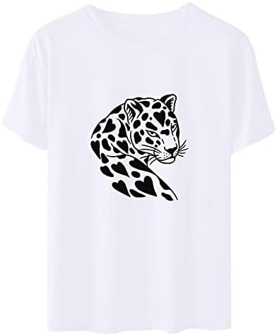 Женски летен леопард печатена маица екипаж Краток ракав смешни слатки животински графички врвови на врвови