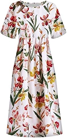 Летни фустани на допок за жени 2023 пролетен фустан Бохо фустан екипаж на вратот џеб облечен обичен печатен фустан со краток ракав