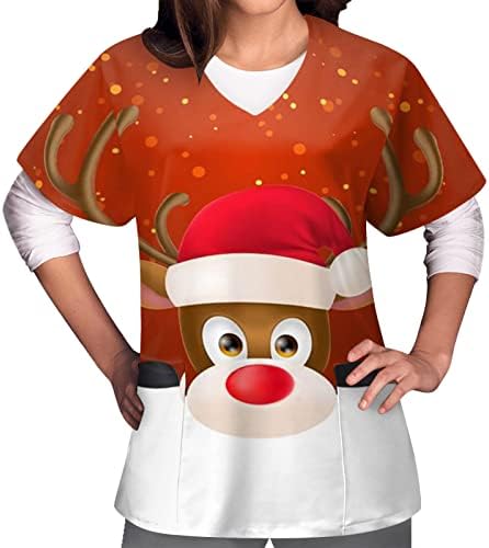 Scrub_tops за жени со кратки ракави V-вратот пулвер Работен униформа Божиќ печатени џебови блуза Туника