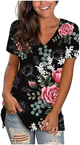 Летен есенски врвен женски краток ракав 2023 памук против вратот графички печатење цвет Цветна маичка за блуза за дами уа уа