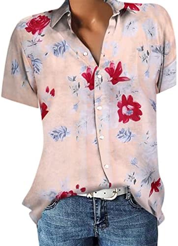 XPSJBBB женско боемско копче за цветно печатење надолу на врвовите Lapel V вратот со кратки ракави кошула лето лабава работа маица 2023