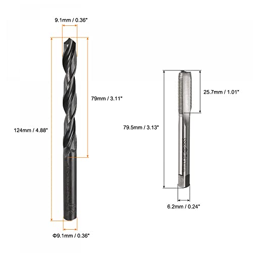 Uxcell 9.1mm Dia Twist Drib Bits со 2 парчиња метричка чешма m10 x 1mm H2 нишка, поставена алатка за дупчење со голема брзина