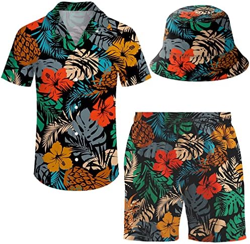 Машка кошула и шорцеви за кратки ракави на Хавајски, поставени облеки за одмор поставува случајно копче надолу по плажа цветни костуми со капи