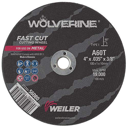 Weiler 56080 4 x 0.035 Wolverine Type 1 Thin Cutting Wheel, A60T, 3/8 A.H.