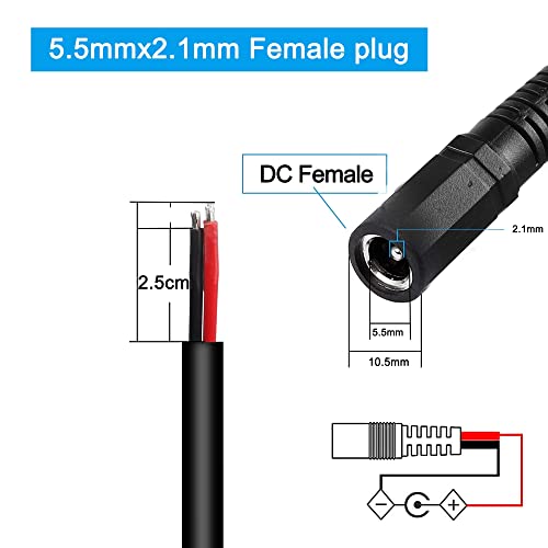 5,5 mm x 2,1 mm DC Power Pigtail Cable, 5521 DC Femaleенски приклучок до голи жица со отворена жица за напојување, 16AWG 24V DC кабел за поправка