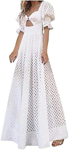 Женски бел венчален фустан за гости кратки ракави плоштад врат y2k исфрлен долг вечерен фустан цврст максичен фустан