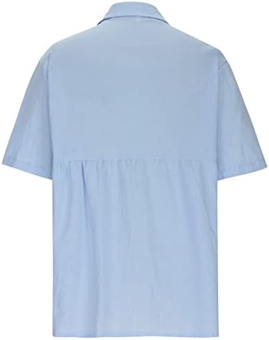 Женски кошули со памучни постелнина 2023 лето сончоглед Печатени кратки ракави врвови случајно лабаво копче надолу блузи