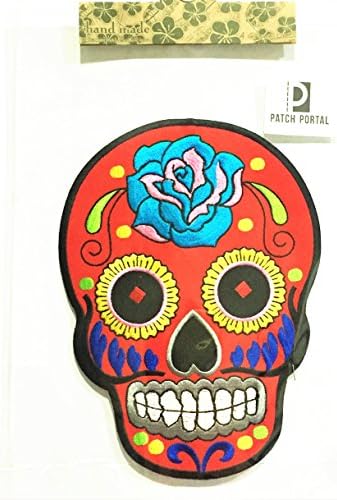 8 инчи Голем грб лепенка Шеќер череп бонбони тетоважа Црвен мексикански ден на мртвите сини цвеќиња Ацтек извезено шиење железо на трендовски дизајн на везови за д?