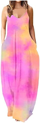 Плус Големина Макси Фустани Женски Долги Ремени За Шпагети Без Ракави Цветен Секојдневен Долг Макси Фустан Со Џебови