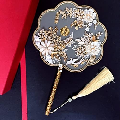 SXDS Gold Bridal Hand Bouquets Тип на вентилатор Рачно изработени цвеќиња со брада, кинески метални тркалезни венчавки за венчавки, додатоци за накит