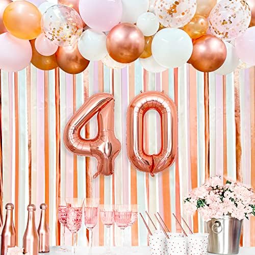 Розово злато 40 -ти роденден Балон за балон лак венец ткаенина лента Фото позадини за жени 40 -ти роденденски украси 40 и чудесни