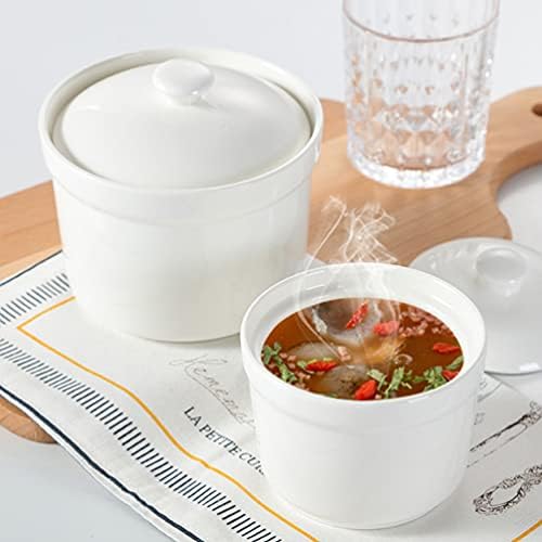 Чаши за супи со капаци лични керамички парни парчиња чорба: 4 -инчен бела супа сад со глупак со капакот за складирање на шеќер