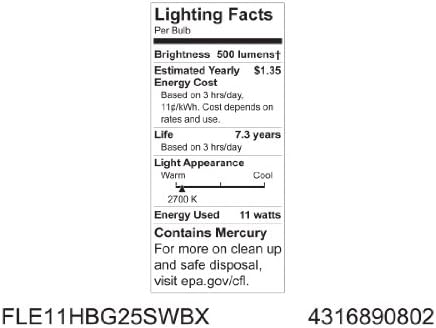 GE Осветлување 90802 Енергија Паметни Светла Од Самиот Почеток CFL 11-Вати 500-Лумен G25 Сијалица Со E26/24 База, 1-Пакет