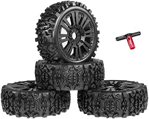 RCMoxeto 1/8 скала RC Buggy гуми гуми 17мм хексадецимални тркала и гуми 4pcs прегалирани вметнувања од пена, 17мм RC тркала и гуми со 17 mm