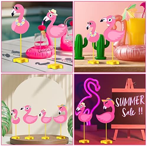 4 парчиња фламинго нивоа на таблички декор фламинго розов фламинго декор Дрвен знак на стојат лето фарма куќа фламинго таблета