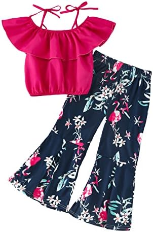 Вагао Мода Облека За Девојчиња Од 2 Парчиња Комплет Летна Облека За Мали Деца Возбуда Трим Врвот И Цветни Долги Ѕвончиња Панталони