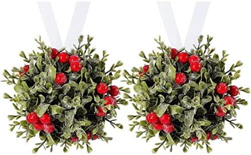 2 парчиња лабава сјај висечки украс за украси Божиќ украс Бакнување топка Божиќ виси украси со црвени бобинки Божиќно зеленило што