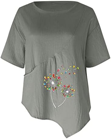 Летни врвови за жени памучни постелнини со кратки ракави, трендовски глуварче за печатење на екипаж, блуза од кошули за туника
