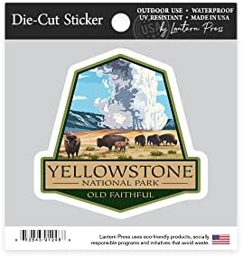 Die Cut налепница Yellowstone Национален парк, Вајоминг, старо верен гејзер и бизон стадо, налепница за винил од контура од 1 до 3 инчи,