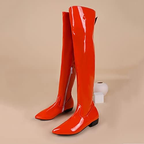 Кожа за женски патенти преку колено чизми зашилени пети со ниска потпетици на зимски чевли со долги чизми
