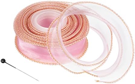 Патикил чиста органза лента 1-37/64 инчи 10 двор, 1 ролна жичен шифонски украс ткаенина за занаети за завиткување на подароци свадбени букет, розова