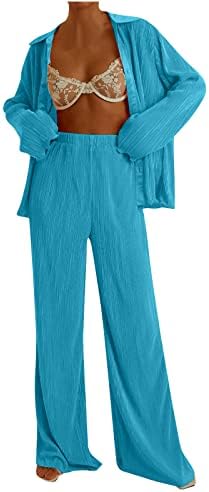 Rbculf жени со долги ракави врвови за џемпент 2 парчиња поставено модно копче надолу лапел салон кошули блузи со широки панталони