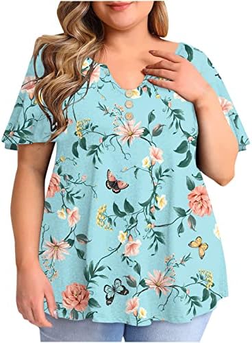 Плус големина врвови женски цветни маици лабава вклопена v врат туника плетени врвни дами летни кошули кратки ракави обични маички