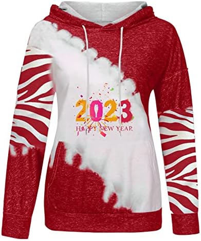 2023 Среќна Нова Година за женски дуксери, женски слатки крави печати Раглан кошула обичен пулвер врвот со џеб