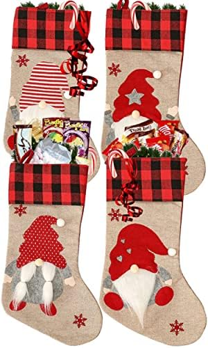 Сет на Божиќни чорапи за домашно семејство Ал Фаро од 4 со гном декор за камин, скали и подароци за деца и возрасни, Божиќни торби за бонбони