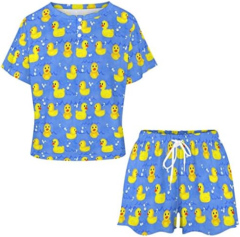 Гума жолти патки женски пижами со две парчиња поставуваат кратки ракави на врвот и шорцеви за спиење