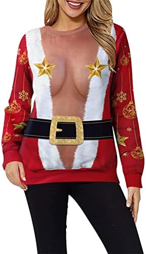 Џемпери за жени секси Божиќ, симпатична Божиќна пулвер, врвови од туника маица лабава вклопена карирана кошула за екипаж на екипаж на екипаж