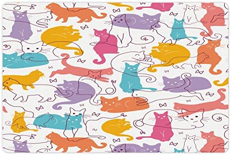 Необичен мачки миленичиња душек за храна и вода, шарени мачки скокаат играјќи седејќи релаксирачки радосен модерна линија на линијата, не лизгање гума за кучиња и ?