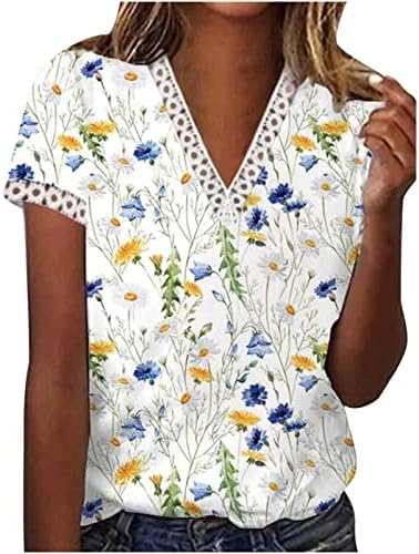 Маица со блуза за девојки есен лето облека y2k краток ракав чипка памук v вратот графички пердув обичен маица ro ro