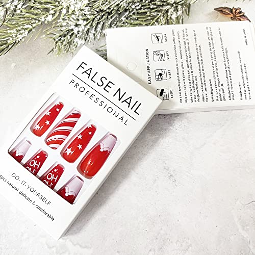 Божиќен Печат На Нокти Црвен Долг Ковчег Лажни Нокти Целосна Покривка Стап На Нокти Зимски Акрилни Нокти Со Дизајн Божиќни Лажни