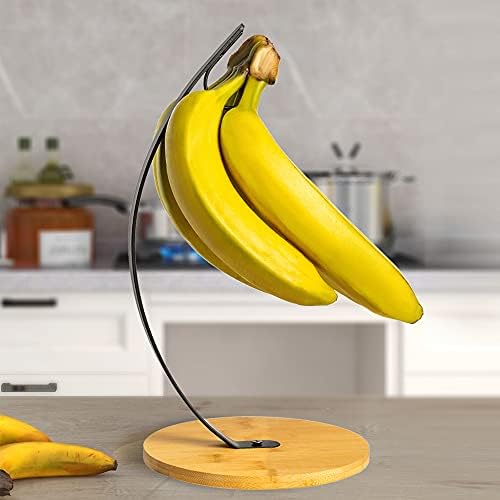 Тиејипин 2 Држач За Пакување Банана, Модерно Дрво За Закачалки За Банана Со Метална Кука И Дрвена Бамбусова Основа За Кујнска Плоча