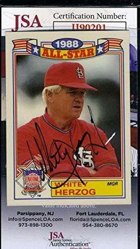 Whitey Herzog JSA COA Autograph 1989 Topps Hand Потпишена - картички за автограми со плоча за бејзбол