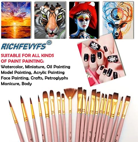 Richfevyfs Zn401 сет за четки за боја, 20 четки за бои за боја, најлонски уметник за коса, акрилни четки за боја за акрилно масло,