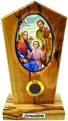 Логос Трговско место свето семејство, стоечка католичка икона со целосна слика во боја, маслиново дрво од Израел, религиозен дрвен дом и