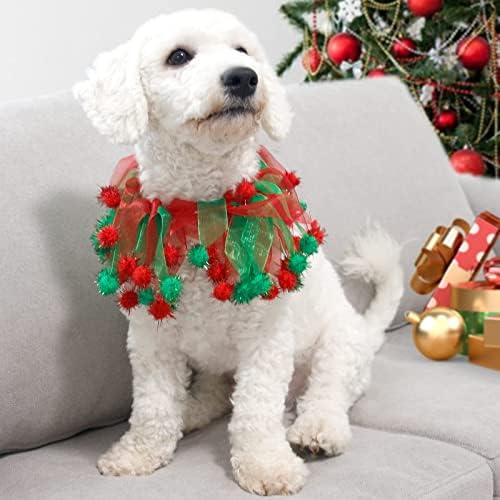 2 Пакувајте јака за божиќни кучиња Еластична прилагодлива празник Пом Пом украси Јаки за додаток за домашни миленици за мали