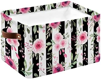 Кошар за складирање Акварел розова цветна зелена лисја за складирање со рачки, пролетно цветно на црна бела лента што може да се