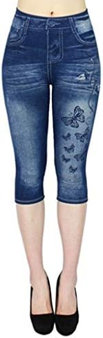 Icodod жени хеланки тексас панталони пеперутки печати високи истегнати половини исечени панталони