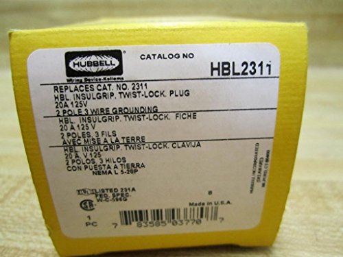 Приклучок за заклучување на Hubbell HBL2311, 20 засилувач, 125V, L5-20p, црно-бело
