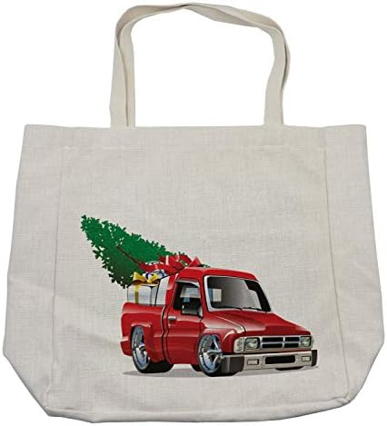 Амбезон Божиќна торба за шопинг, црвен пикап камион со големи кутии за подароци и дрво Божиќни отпечатоци од фарма Тема, еко-пријателска торба