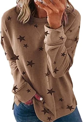 Падот на долги ракави за жени starвездички печатење џемпери со долг ракав екипаж модни обични врвови мода мода